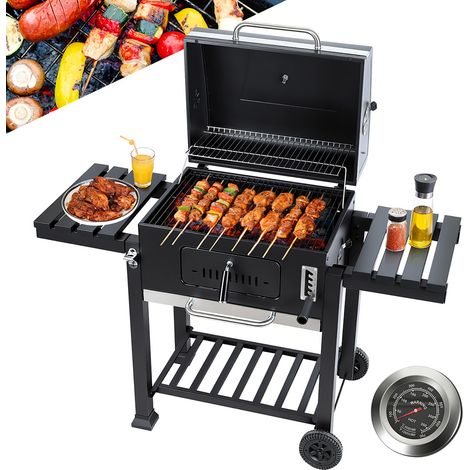 Wolketon Holzkohlegrill Grillwagen Temperaturanzeige Standgrill mit zwei klappbaren Seitenablagen, Schwarz