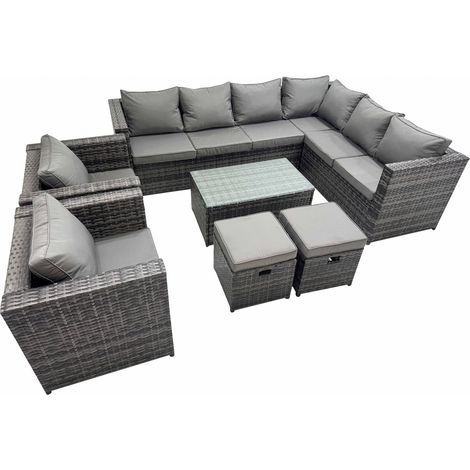 Fimous Patio Sofa Oblong Coffee Table Set Rattan Garden Furniture Set with 2 Chairs 2 Small Stools Dark Grey Mixed (1/5)