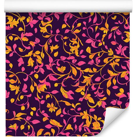 Papel pintado con intrincado estampado floral en tonos ciruela, burdeos y morado, 50x1000 cm. (1/5)