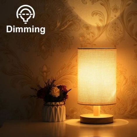 Lampe De Bureau - LED Dimmable - Abat-jour En Tissu Linen - Alimentation USB - Base En Bois Naturel - 260 X 130 Mm - 1 Pièce (1/5)