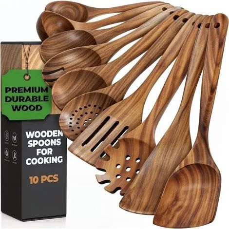 Ustensiles de cuisine en bois - Ensemble de 10 pièces en teck de qualité supérieure avec cuillère et spatule en bois - Facile à nettoyer - Léger, résistant à la chaleur, durable et résistant aux rayur (1/2)