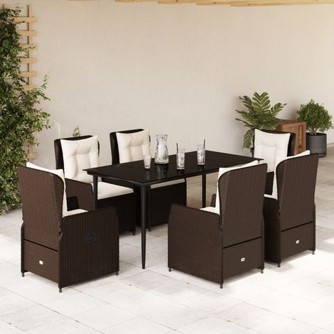 Salon de jardin 7 pièces avec 6 fauteuils inclinables, résine tressée marron et coussins - PANGIVO (1/5)