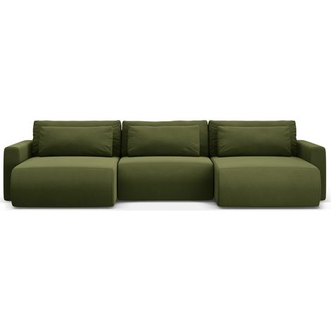 Canapé panoramique convertible + box 4 places velours vert armée (1/5)