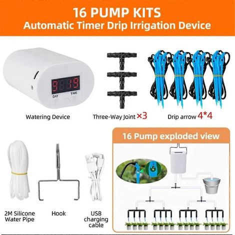 Accessoires pour pompe d'arrosage automatique à 16 têtes pour plantes et fleurs -- (1/5)