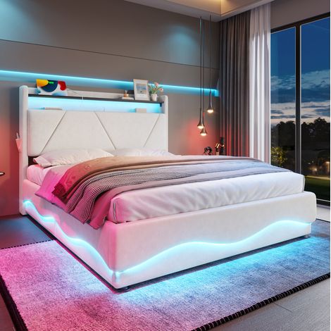 Cama dormitorio con almacenaje LED y USB beige OKMYHOME (1/5)