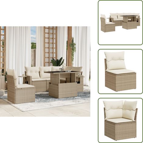 Salon de jardin avec coussins 6 pcs beige résine tressée - Ensemble Salon De Jardin - Meuble Extérieur - Résine Tressée - Mobilier De Jardin - Table Extensible (1/5)