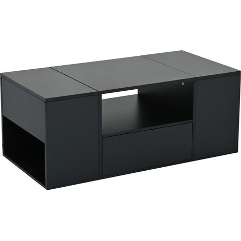 Mesa de centro negra de 100 x 50 x 40 cm con cajón, 2 armarios y luz LED (1/5)