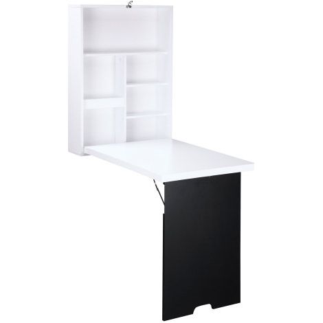 Space-Saving Wall-Mounted Drop-Leaf Table with Chalkboard and Storage Shelf,Versatile Floating Desk for Home Office in White