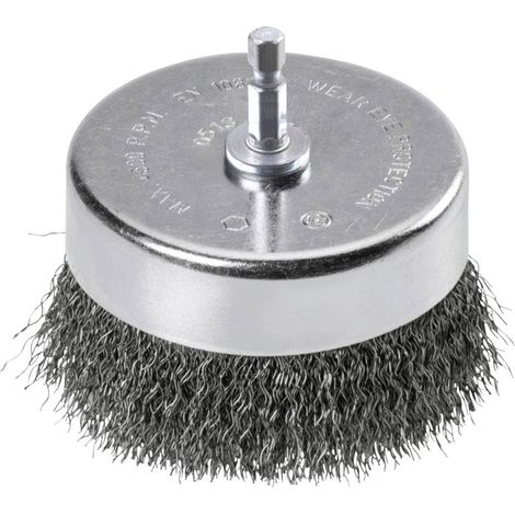 Brosse boisseau lourde, grossière, ondulée, fil d'acier HSS, Ø 75 mm pour métal et pierre, brosse métallique pour perceuse y compris tige hexagonale E6.3, pour dérouiller, décalaminer (1/3)