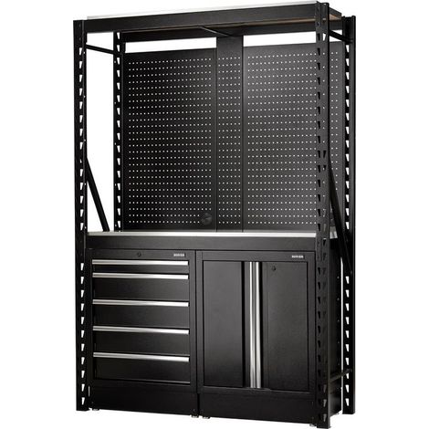 Draper 32498 BUNKER 15 Piece Modular Storage Combo 2 Tier Racking with Stainless Steel Shelving, Pegboards and Floor Cabinets, 1500mm
