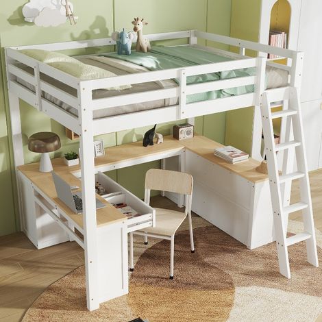 Hochbett 140x200 cm mit Schreibtisch und Stauraum, Kinderbett mit U-förmigem Tisch, Schubladen und Regal, Kiefer Holz, Weiß Natur (1/5)