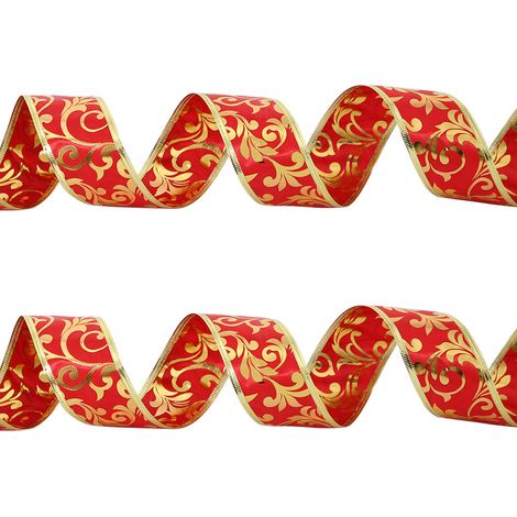Lot de 2 rubans en lin fin bronzant Décoration de Noël DIY peut guirlande lumineuse ruban de bord doré double couche (feuilles bronzantes rouges)