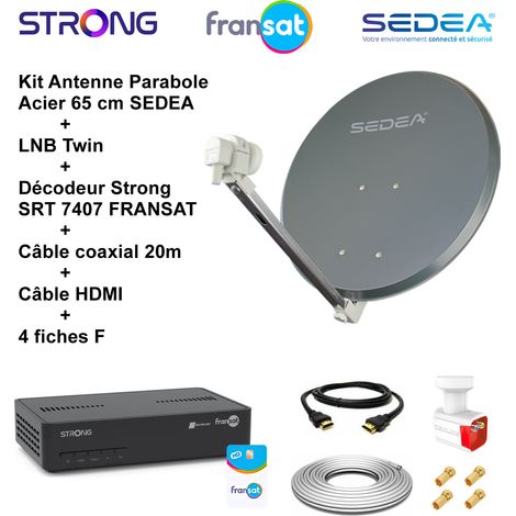Kit Parabole Acier 65 cm Anthracite + LNB Twin 0,1 dB HD + 2 Décodeurs Strong SRT 7407 + Câble coaxial 20m + Câble HDMI + 4 fiches F (1/3)