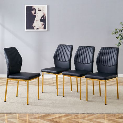 [4er-Set] Schicke Esszimmerstühle im Leicht-Luxus-Stil: Schwarze PU-Rückenlehne mit senkrechter Prägung + metallene Goldbeine,Passend für Esszimmer oder Wohnzimmer im Leicht-Luxus-Design.