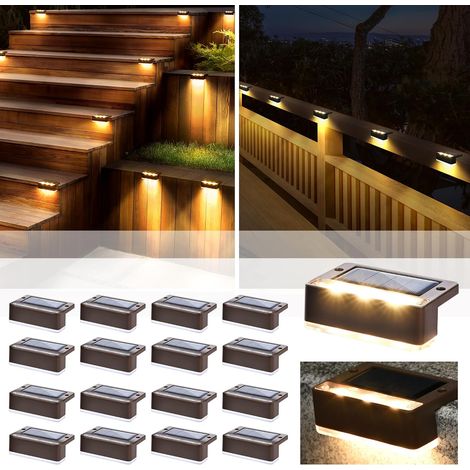 Lot de 16 lampes solaires d'extérieur à 6 LED étanches pour terrasse, escalier, porche, balcon, allée, jardin, cour, patio, piscine, étanchéité IP65 (blanc chaud) (1/5)