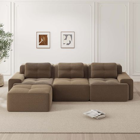Canapé d’angle modulable 4 places en velours côtelé gris, pouf coffre, console, 2 porte-gobelets, 2 ports USB, 229x149,5x83 cm (1/5)