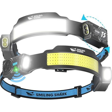 Smiling Shark Lampe Frontale, 2 Pièces Lampes Frontales LED Rechargeable Ultra Puissante avec 4 Faisceau Large & Spot Réglable Détecteur de Mouvement 2400 mAh 5 Modes pour Randonnée Pêche Camping (1/5)
