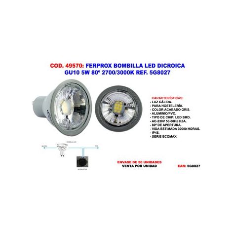 Ferprox bombilla led dicroica gu10 5w 80° 2700k/3000k