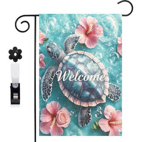 Drapeau de jardin décoratif 30 x 45 cm motif tortue et bulles d eau toile double face résistante (1/5)