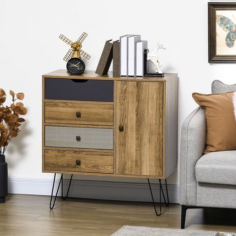 Cassettiera in stile boho HOMCOM con 4 cassetti, mobile in legno con gambe in metallo per soggiorno e camera da letto, 79x39x86 cm, marrone. (1/5)