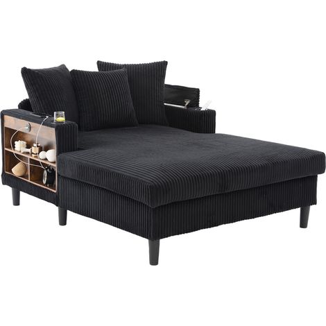 Chaise longue angular de pana negro con 2 portavasos, LED, USB y almacenaje (1/5)