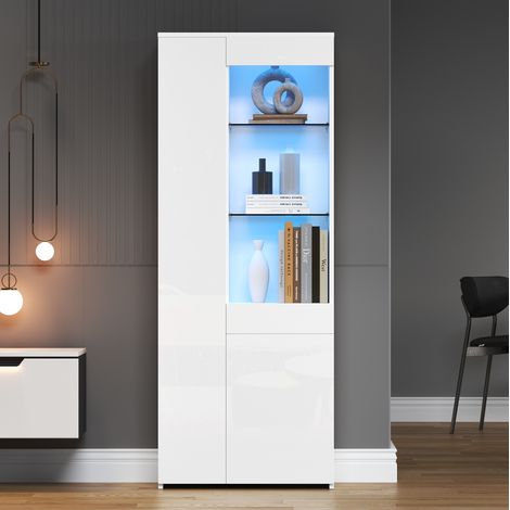 Vetrina con LED 70 x 35 x 180 cm, 2 ante, 1 cassetto, vetro temperato, frontale bianco lucido HAVRYA (1/5)