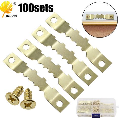 Crochets dentelés double face dorés avec vis à tête plate, barre droite en métal pour suspendre les cadres photo, boîte à accessoires.