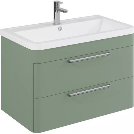 Balterley Calwich Contemporary Wall-Hung Bathroom Vanity with 2 Drawers & 1 Tap Hole Polymarble Basin, Satin Green, 800mm (1/4)