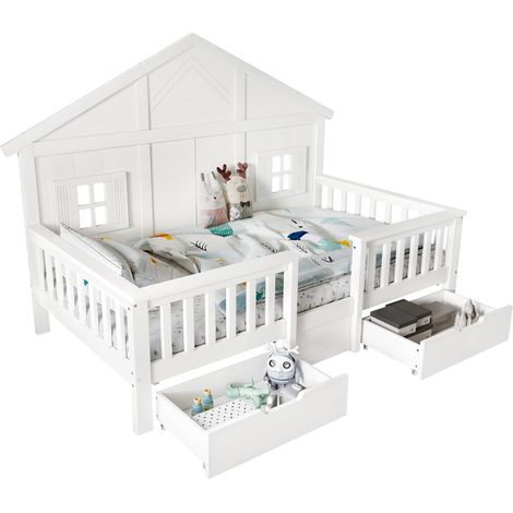 Lit en bois, lit simple pour enfant, deux grands tiroirs à roulettes, avec jolies fenêtres et toit, sommier à lattes stable, pin + MDF + contreplaqué, blanc, 90x200cm