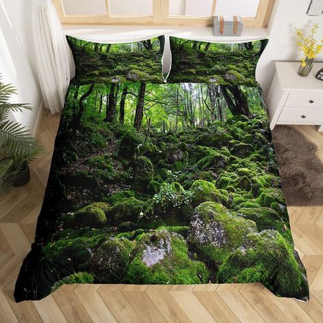 Moss Print Housse de Couette Bois Arbres Parure de Lit 200x200cm Feuille Branche Ensembles de Housse de Couette for Kids Décor de Chambre à Coucher Paysage Naturel avec 2 taies d'oreiller - 200x200cm (1/5)