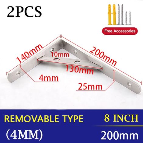 (Amovible 4 mm - 20 cm) 2 supports triangulaires en acier inoxydable pour étagère murale, support robuste, fixation murale, banc, table, étagère - quincaillerie (1/5)