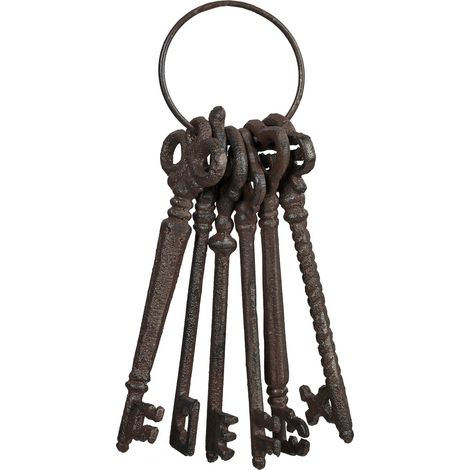 Relaxdays Decorative Key Ring, Antique, 6 Keys, Nostalgic Garden Decoration, Cast Iron, Large, Vintage Design, Brown (1/5)