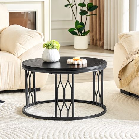 Table basse ronde avec plateau imitation bois et structure en métal, table de salon moderne avec structure géométrique en fer, table d'appoint ronde stable, env. 70 x 40,5 cm (1/5)
