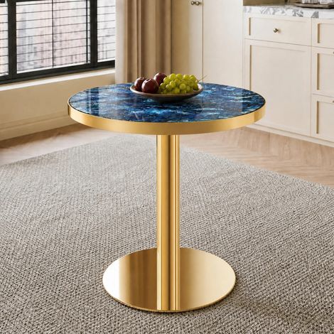 Table d'appoint ronde moderne, plateau effet marbre avec bordure dorée, structure métallique robuste noire/dorée/argentée, idéale comme table basse, table de chevet ou table de balcon. (1/5)