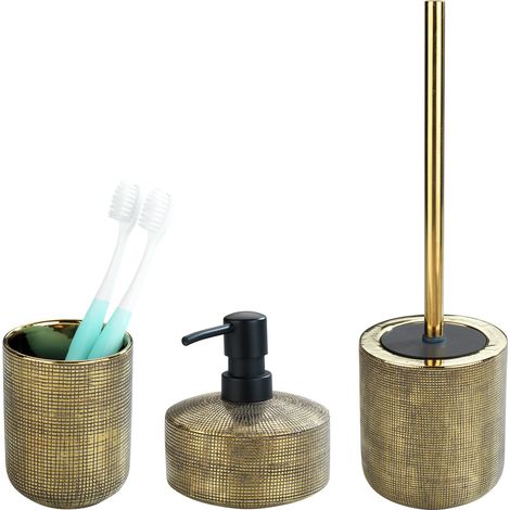 Wenko – Set d'accessoires salle de bain 3 pièces – Distributeur de savon céramique or brillant – Gobelet et porte brosse WC peints à la main