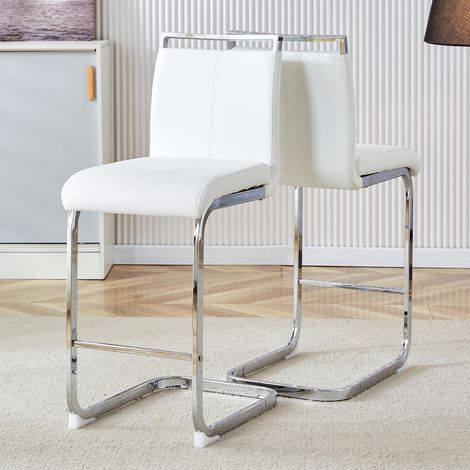 Lot de 2 Tabourets de Bar Nordiques Simili Cuir Blanc Pieds Métal Argenté pour Cuisine Restaurant H 96,5 cm (1/5)