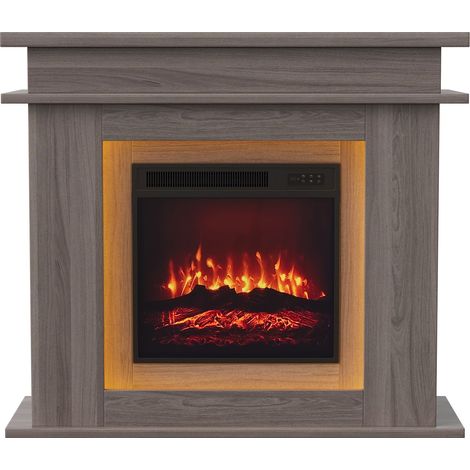 Camino elettrico da parete con mobile - Effetto fiamma 3D - Luci LED cangianti e telecomando - 101x35x89 cm - Rovere (1/5)