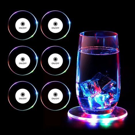 Sous-verres lumineux LED 10 cm – Lot de 6 ronds transparents – 3 modes d'éclairage colorés pour fêtes et bars – Effet lumineux doux-Muntra (1/5)
