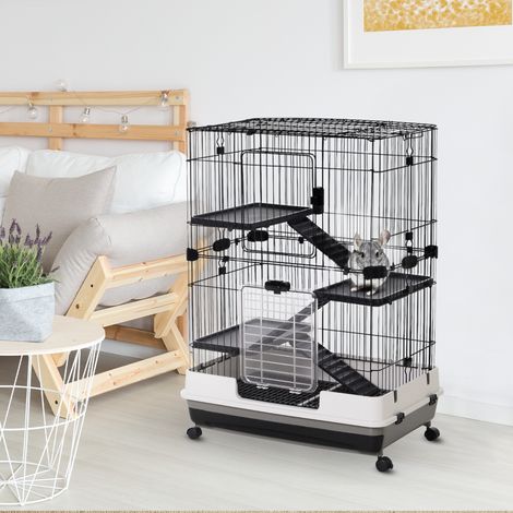 Cage métallique à 3 niveaux avec plateau pour rongeurs - 81,2x52,7x114cm - lapins et furets avec 4 roues - noir