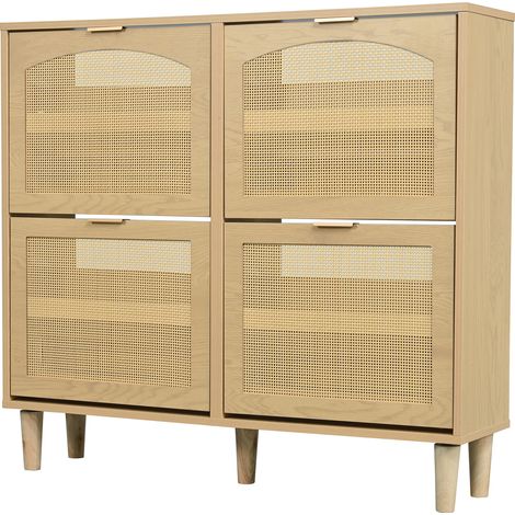 Zapatero con 4 abatibles, frentes de ratán y tiradores de madera, 100 x 25 x 90 cm, roble (1/5)
