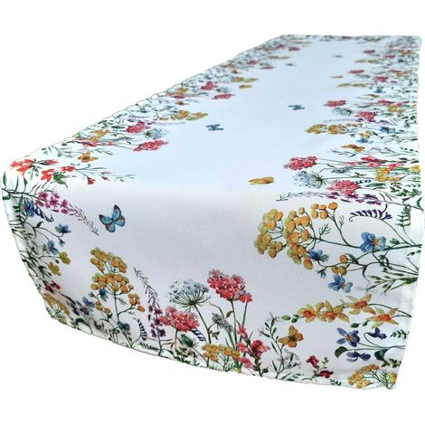 Tischläufer, weiß mit bunten Blumen, Zierstreifen 40x140 cm, Kommodendeckchen (1/5)