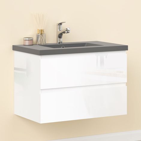 Waschtisch mit Unterschrank Schwarz Waschbecken Badmöbel Set UV-geölt 80cm Weiß Unterschrank (1/5)