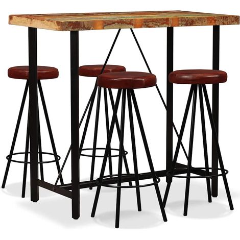 5-tlg. Bar-Set Altholz Massiv und Echtleder