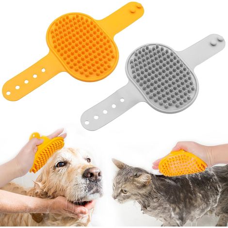 Lot de 2 brosses de bain en caoutchouc - Brosse en silicone souple - Avec poignée réglable - Pour chiens et chats - Poils courts et longs - Avec effet massant - Peignes de lavage (1/5)