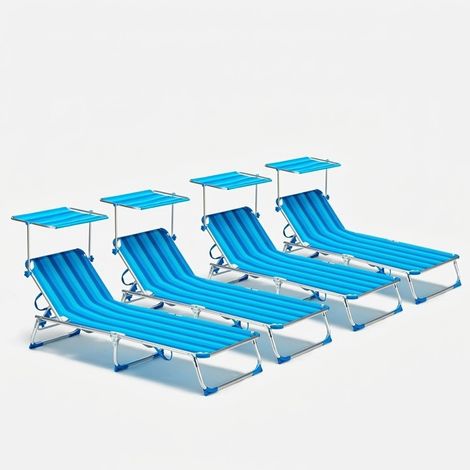 4 Lettini spiaggia mare pieghevoli con tettuccio brandina California Stock - Strisce Blu