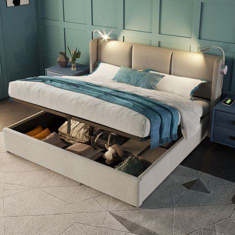 Cadre de lit rembourré 140x200 cm avec éclairage LED, Lin, beige (1/5)
