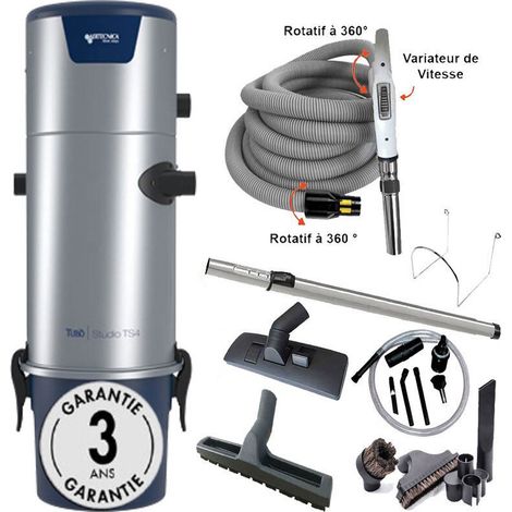 Aspiration centralisée AERTECNICA TS4 (jusqu’à 700 m²), Sans Sac - GARANTIE 3 ANS -Avec 1 trousse flexible à variateur 9 M + 8 accessoires + Kit de nettoyage micro, CMTS4