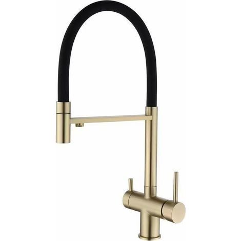 Robinet de cuisine en laiton avec filtre à eau, robinet de filtration pour eau potable à double bec, rotation à 360 degrés, robinet de lavage propre (or brossé) (1/5)