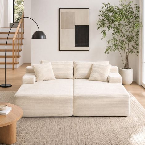 Divano modulare con chaiselongue, comfort avvolgente, pronto all uso, tessuto chenille, Ivory (1/5)