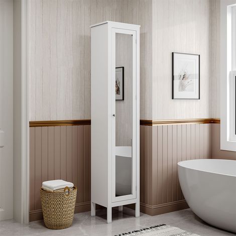 Slim White Tall Cabinet with Mirror Door (1/5)